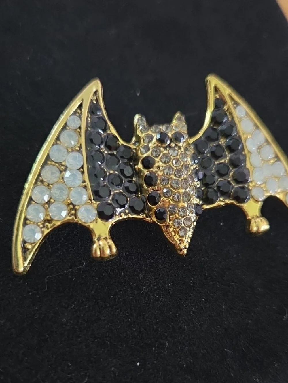 Gold Bat Wing Crystal Brooch - Black & White Accent